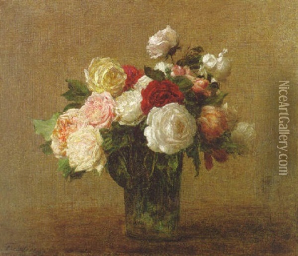 Roses Dans Un Vase De Verre Oil Painting - Henri Fantin-Latour