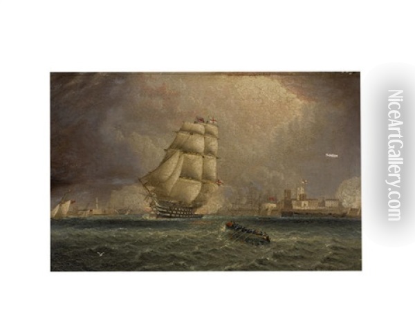 A British Ship Of The Line Firing A Salute While Departing Portsmouth Harbour Oil Painting - James Edward Buttersworth