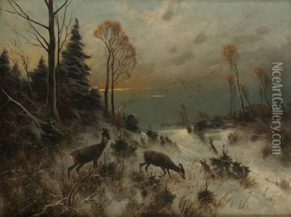 Winterlandschaft Mit Rehen Und Hasen Oil Painting - Otto Scheuerer