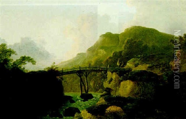 Landscape With Figures On A Bridge Oil Painting - John Rathbone