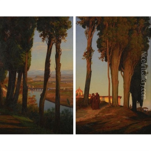 Cypresses On Monte Mario Near Rome (+ Cypresses And Convent At San Miniato Near Florence; Pair) Oil Painting - Thomas H. Hotchkiss