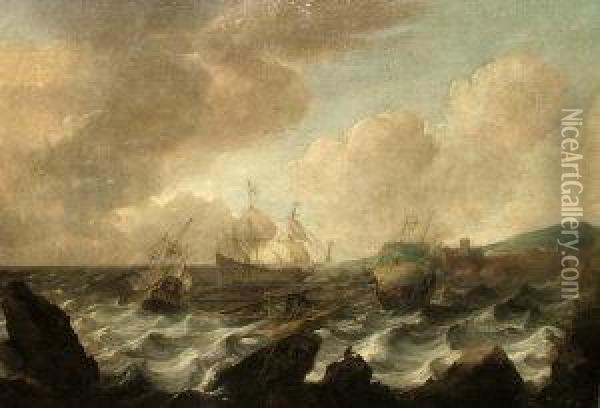 Three French Ships Attending To A Companion Vessel Being Driven Ashore In A Storm Oil Painting - Jan Abrahamsz. Beerstraaten