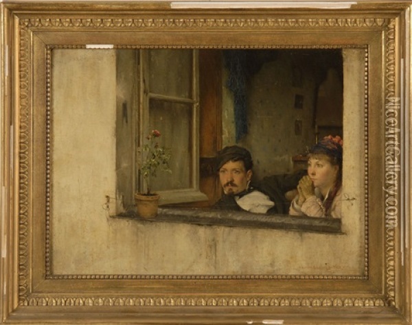 A Young Man And Woman Gaze Out A Window Oil Painting - Pascal Adolphe Jean Dagnan-Bouveret