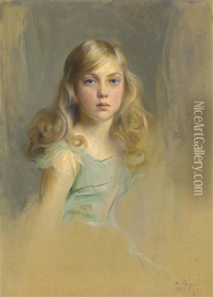 Portrait Of The Hon. Esmee Mary Gabrielle Harmsworth, Later Countess Cromer, Aged Nine, Half-length Oil Painting - Philip Alexius De Laszlo