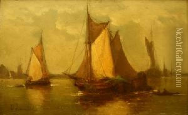 Schepen Op Een Reede. Gesigneerd. Verso: 'vue D'une Rade' Oil Painting - Edward Moerenhout