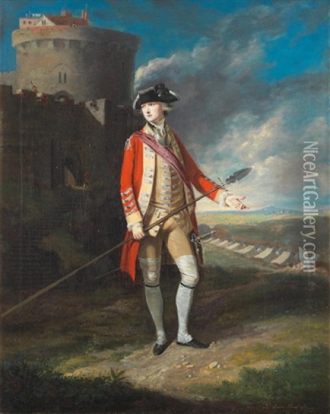 Portrait Of An Officer Standing Before A Castle, A Military Encampment Beyond Oil Painting - Hugh Barron