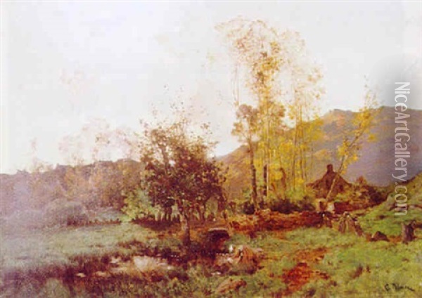 La Lavandiere Devant La Ferme En Automne Oil Painting - Leon Germain Pelouse