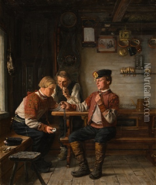 Exchanging Clocks Oil Painting - Arvid Liljelund