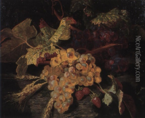Still Life Of Grapes, Strawberries And Ears Of Wheat Oil Painting - Simon Saint-Jean