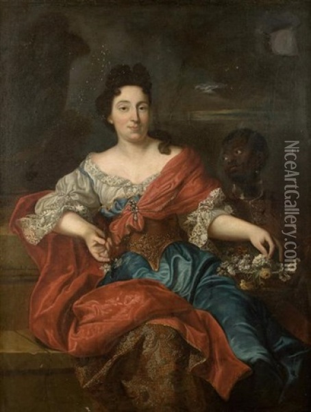 Portrait De Jeune Femme Et De Son Serviteur Oil Painting - Hyacinthe Rigaud