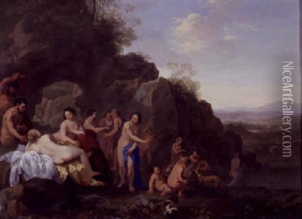 Diana And Attendants In A Landscape With Spoils Of The Hunt Oil Painting - Cornelis Van Poelenburgh