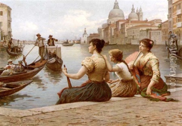 Waiting For The Gondola Oil Painting - Antonio Ermolao Paoletti