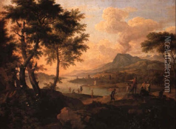 An Italianate River Landscape With Shepherds And Anglers Oil Painting - Willem de Heusch