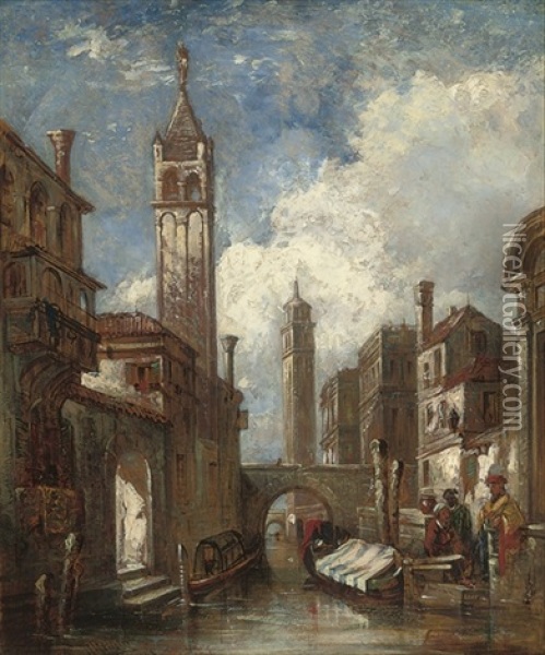 A Venetian Canal With Merchants Conversing By A Godola Oil Painting - William James Mueller