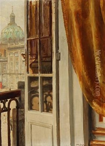 Forstudie Til Kong Frederik Viii's Portraet. Study For The Portrait Of King Frederik Viii Of Denmark; View From Frederik Viii's Palace At Amalienborg Towards The Marble Church In Copenhagen Oil Painting - Otto Bache