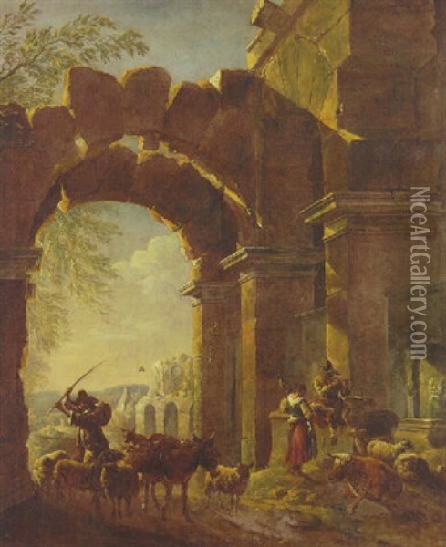 Drovers Beneath A Ruined Archway By A Fountain Oil Painting - Abraham Jansz. Begeyn