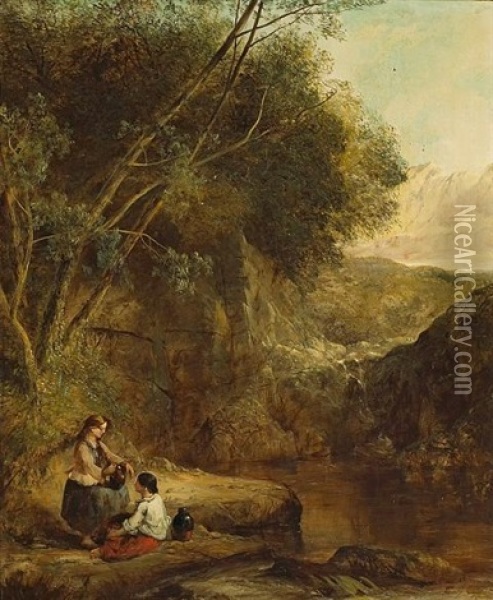 A Wooded Landscape With Two Women On The Banks Of A Stream Oil Painting - Henry Bright