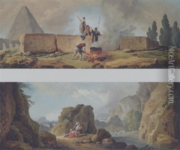 A Fallen Obelisk With Figures Around A Brazier Oil Painting - Hubert Robert