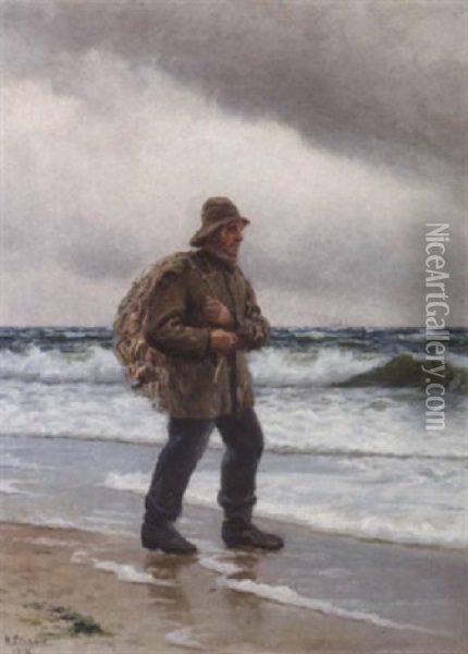 En Fisker I Strandkanten Oil Painting - Holger Luebbers