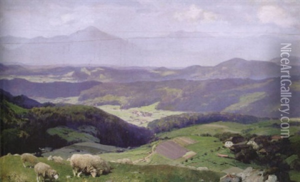 Prachtvolle Hugellandschaft Im Schwarzwald Mit Weidenden Schafen Im Vordergrund Oil Painting - Erich Kips