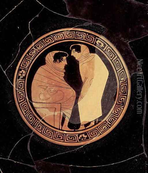 Attic red-figure kylix depicting a conversation between to male figures, c.450 BC Oil Painting - Circle of the Penthesilia Painter