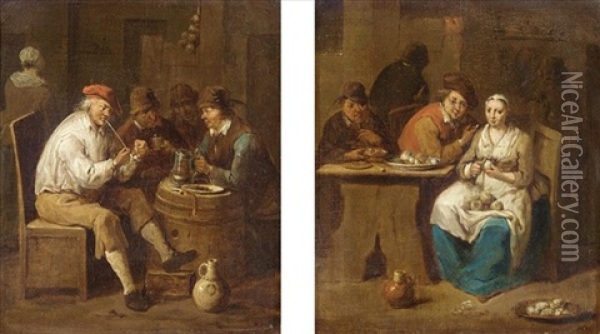 A Tavern Interior (+ Another, Similar; Pair) Oil Painting - Jan Baptist Lambrechts