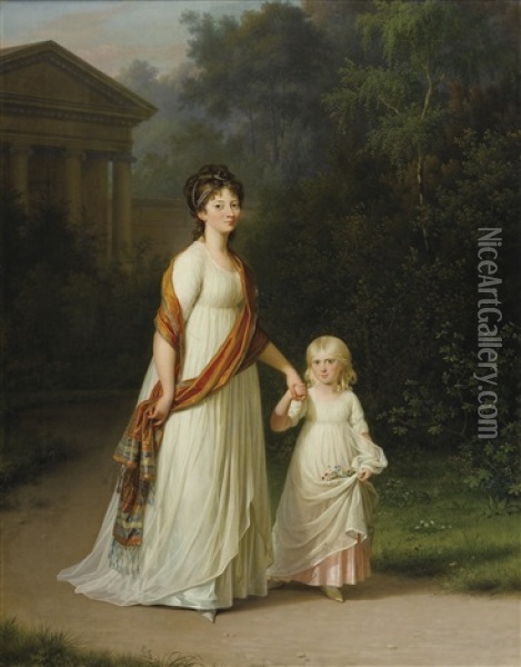 Marie-sophie-frederikke, Princesse De Danemark Et De Norvege Avec Sa Fille, La Princesse Caroline Oil Painting - Jens Juel
