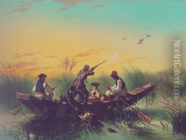 Duck Hunters And Dogs In Marsh Oil Painting - Frances F. Palmer