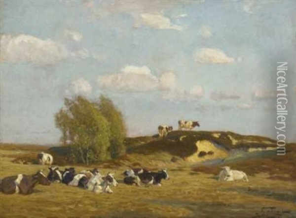 Ruhende Kuhe In Markischer Landschaft Oil Painting - Oskar Frenzel