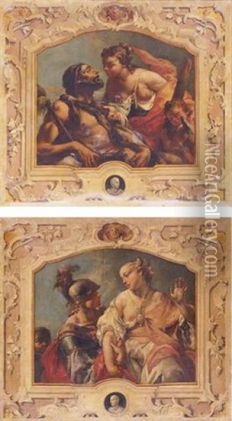 Hercules And Omphale (+ Paris And Helen Of Troy, Smllr; 2 Works) Oil Painting - Jacopo Guarana