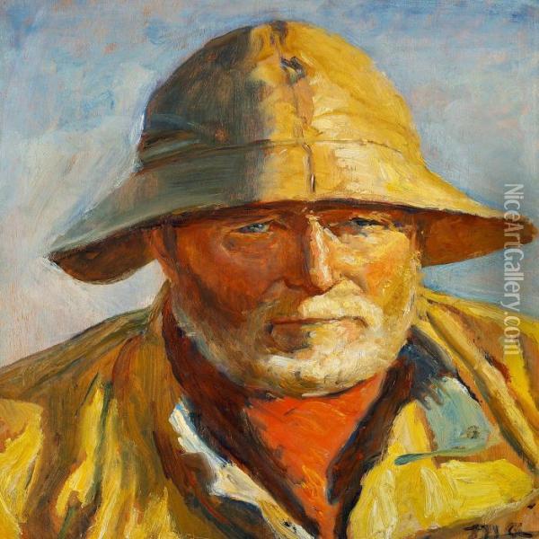 Fisherman With A Redscarf And A Yellow Sou'wester Oil Painting - Michael Ancher