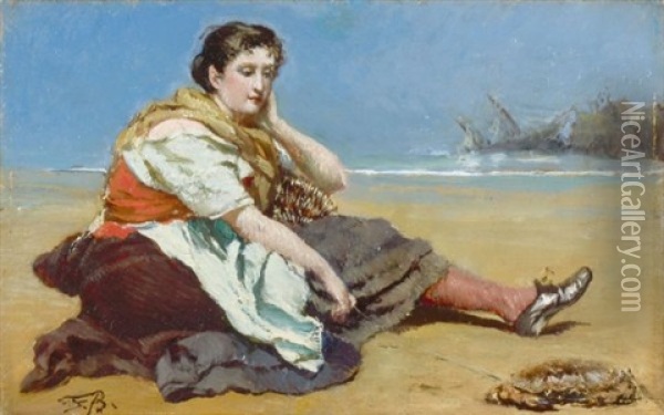 Fischermadchen Am Strand Sitzend (fisher Girl Sitting On The Beach) Oil Painting - Frank Buchser