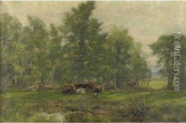 Cattle At Pasture Oil Painting - Olive Parker Black
