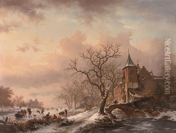 Castle In A Winter Landscape And Skaters On A Frozen River Oil Painting - Frederik Marianus Kruseman