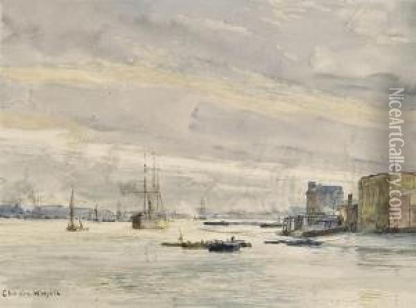 Shipping In Portsmouth Harbour Oil Painting - Charles William Wyllie