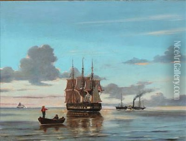 Seascape With Ships On A Calm Evening Oil Painting - Thorvald Christian Benjamin Moller