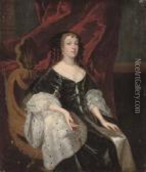 Portrait Of A Lady, 
Three-quarter-length, Seated In A Black Dress And Ermine Cloak, A Red 
Curtain Beyond Oil Painting - Sir Peter Lely