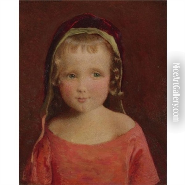 Little Girl In A Crimson Bonnet Oil Painting - George de Forest Brush