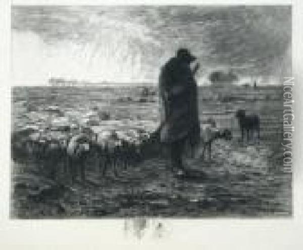The Shepherd, With Engraving Of Peasant Woman Below Image Oil Painting - Jean-Francois Millet