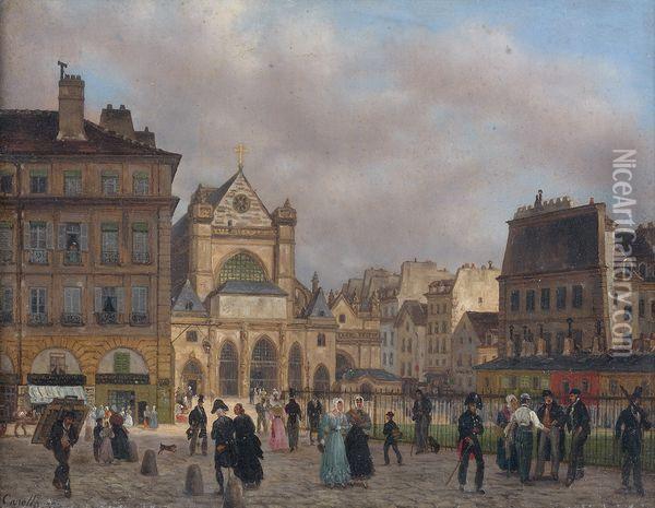 La Place Du Louvre Avec Saint-germain L'auxerrois Oil Painting - Guiseppe Canella