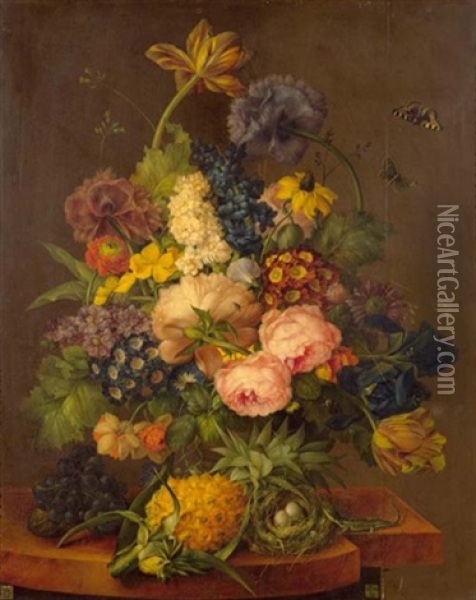 Blumenstilleben Mit Ananas Und Vogelnest Auf Einer Steinplatte Oil Painting - Franz Xaver Petter