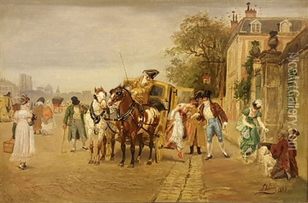 Franzosische Strasenszene Mit Kutsche Und Vornehmen Damen Oil Painting - Leon Joseph Voirin