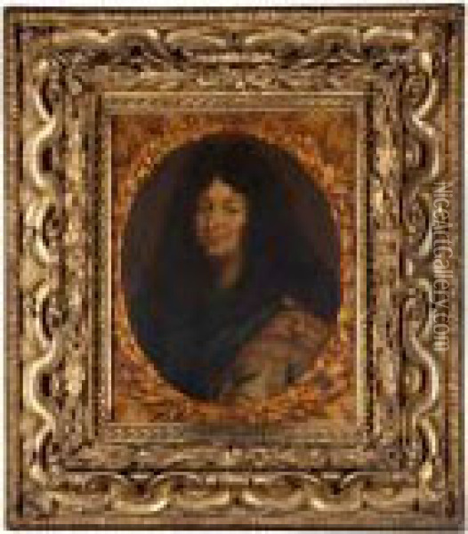 A Portait Of Louis Xiv, Head And Shoulders, Wearing A Roman Imperial Costume. Oil Painting - Charles Lebrun