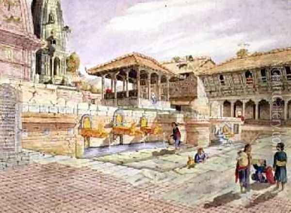 Nepalese People at the Fountains in Patan Murdi Nepal 1853 Oil Painting - Dr. H.A. Oldfield