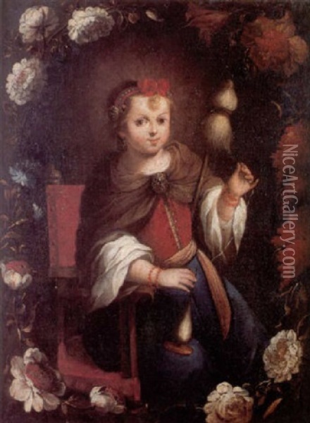 La Virgen-nina Hilando En Orla De Flores Oil Painting - Matias Arteaga y Alfaro