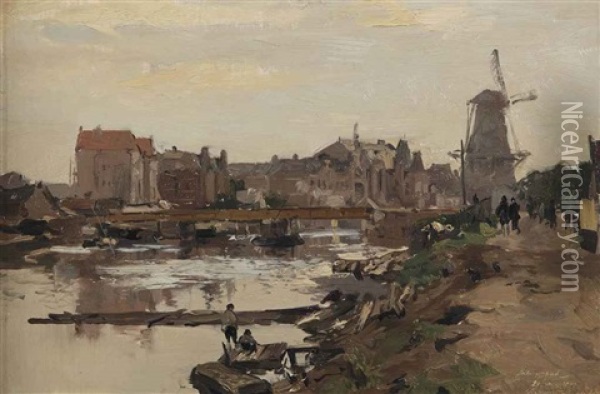 A View Of The Zeeburgerpad, Amsterdam Oil Painting - Johan Hendrik van Mastenbroek
