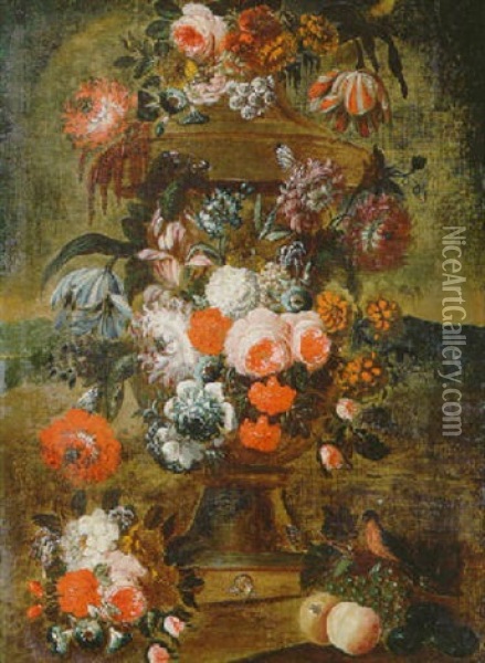 A Still Life Of Tulips, Roses, Lilac And Other Flowers Decorating An Urn Standing In A Landscape Oil Painting - Jan-Baptiste Bosschaert