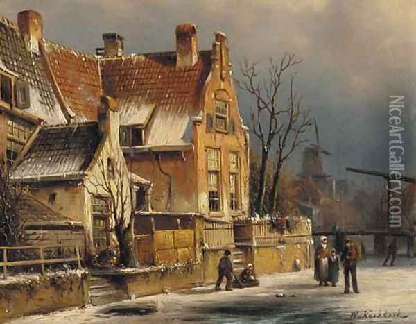 Houses along a canal in winter Oil Painting - Willem Koekkoek
