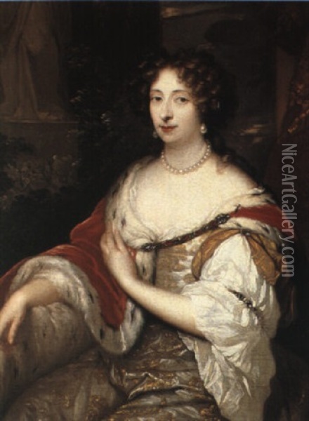 Portrait Of A Lady, Three Quarter Length In A Brocade Gown Oil Painting - Caspar Netscher