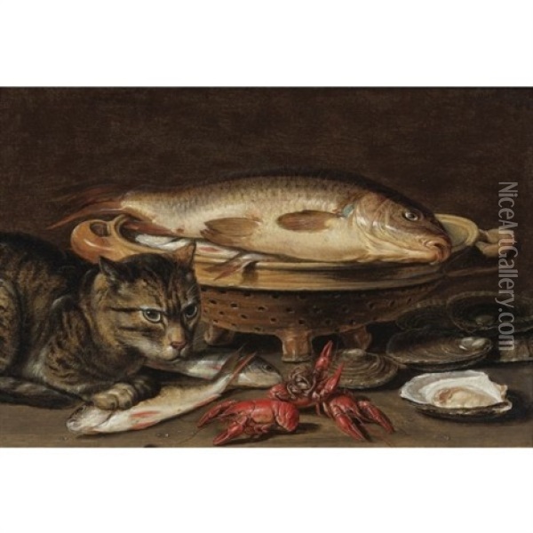 A Still Life With Fish In A Ceramic Collander, Oysters, Langoustines, Mackerel And A Cat On The Ledge Beneath Oil Painting - Clara Peeters